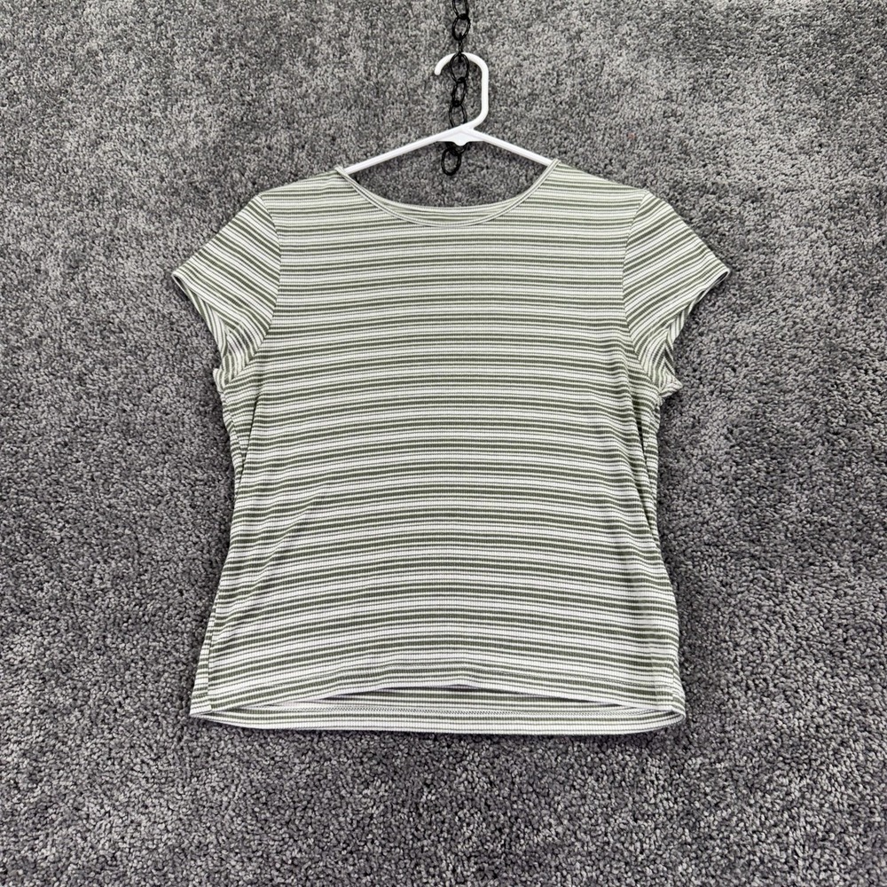 American Eagle Shirt Womens Large Green Striped Ribbed Knit Crew Neck Casual